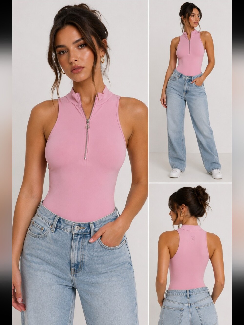Meshki Pink Zip Front Sleeveless Bodysuit Size S Mock Neck Stretch Minimalist